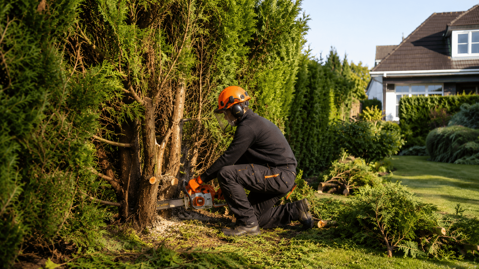 Ground-level hedge and small tree removal in a garden