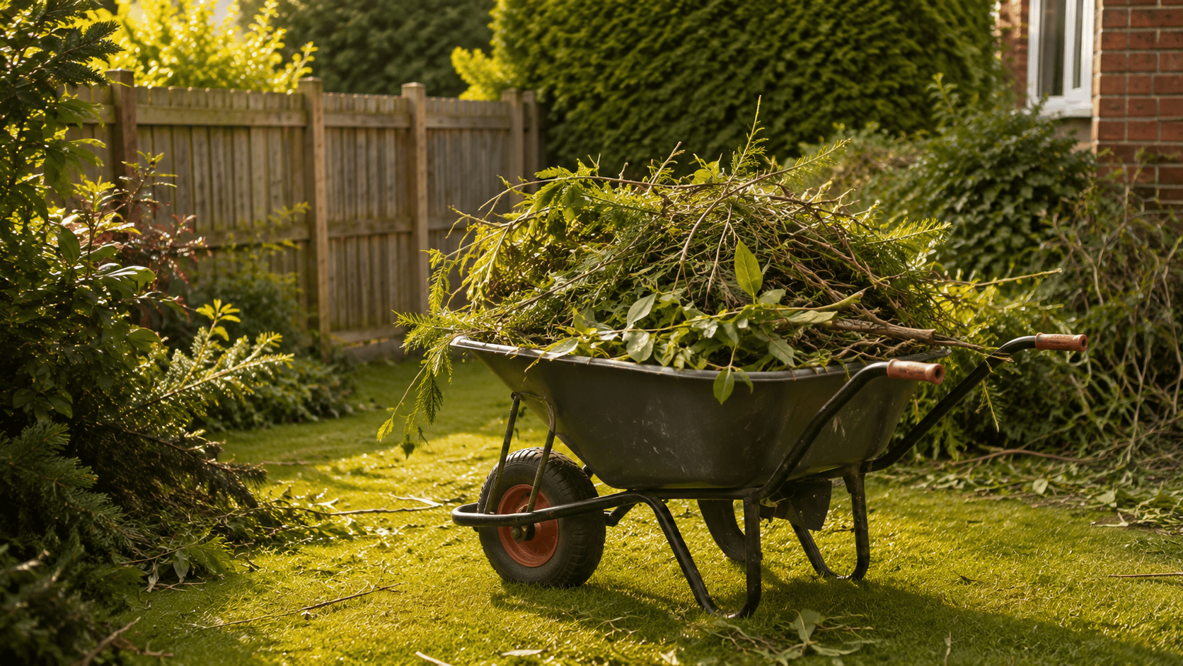 Wheelbarrow filled with branches and garden waste